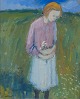 Pär Lindblad, 
listed Swedish 
artist, oil on 
board, 
modernist 
landscape with 
girl in flower 
...