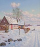 Svend Drews, 
oil on canvas. 
Danish idyllic 
winter 
landscape. 
Houses with 
snow-covered 
...