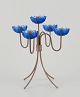 Gunnar Ander for Ystad Metall, Sweden. Tall candlestick holder in brass and blue art glass ...