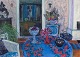 Evy Låås (1923-1999), Swedish artist. Pastel on paper.
Living room interior. Colorful palette. Modernist style.