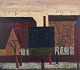 Peder Brøndum Sørensen (1931-2003), Danish painter, oil on board.Figures and Houses.