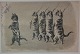 Postcard: Drawn 
motif with cats 
(in relief) in 
procession with 
guns, behind 
cat with saber. 
...