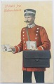 Farvelagt postkort: Postbud med tasken fyldt med københavnske motiver ca. 1910