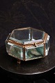 Old French 6-sided jewelery box in bronze and faceted glass with green silk 
cushion...