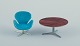 Arne Jacobsen, 
miniatures of 
the "Swan" in 
turquoise 
fabric along 
with a shaker 
table.
In good ...
