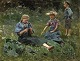 "3 children 
playing in a 
meadow" oil 
painting on 
cardboard.