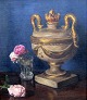 Unknown artist, 19th century. Display with vase with lid and roses in a glass. Oil on canvas. ...