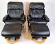 Set of two 
armchairs with 
footstool, 
upholstered in 
black leather 
with a frame in 
bent beech. An 
...