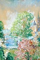 Unknown artist 
(20th century): 
A river in a 
city. Patel on 
paper. Signed. 
71 x 49 cm.
Framed; ...