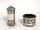 Silver salt & 
pepper set with 
blue glass.