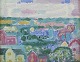 Leo Thellefsen 
(1909 - 1997), 
oil on board. 
Modernist 
landscape.
Colourful 
palette.
Title: ...