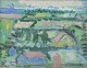 Leo Thellefsen 
(1909 - 1997), 
oil on board. 
Modernist 
landscape.
Colourful 
palette.
Title: ...