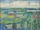 Leo Thellefsen 
(1909 - 1997), 
oil on board. 
Modernist 
landscape.
Colourful 
palette.
Title: ...