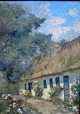 Pedersen, Hugo 
V. (1870 - 
1959) Denmark: 
Flowers in 
front of a 
house. Oil on 
canvas. Signed. 
69 ...