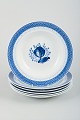 Six deep 
plates, model 
number 11/947. 
Aluminia, 
Tranquebar.
Light blue 
faience with 
dark blue ...