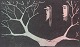 Woodcut, Åke 
Holm, Sweden, 
c. 1950s.
Colored 
woodcut 
depicting two 
stylized faces 
framed by ...
