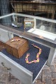 Old shop display case, a table display case in painted wood with glass on the 
top and on 3 sides...