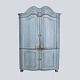 Large baroque corner cabinet from the 1780s. Original blue paint, curved doors and brass ...