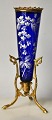 Antique cobalt blue vase with enamel painting, 19th century Germany. Mounted in bronze stand. ...