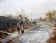 Roed, Jørgen (1808 - 1888) Denmark: Two old goes for a walk in the snow. Oil on cardboard. 23 x ...