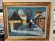 Oil painting by Svend Nielsen in a gold frame, depicting a winter scene with buildings and ...