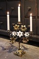 Old French church candlestick in bronze, decorated with bronze lilies and 3 old white opaline glass lilies...