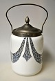 Biscuit tin, Fyns Glasværk, opal white glass with burnt decoration, 1910. No. 2287/429. ...