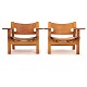 Pair of early Børge Mogensen Spanish Chairs with patinated oak and leather