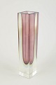 Murano art glass vase, 1960s.Tall rectangular vase in clear and pink glass with an encased ...