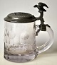 German beer mug, 1891 in glass with pewter lid. The beer mug has cuts. Pewter lid with ...