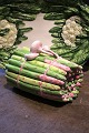 Old, Italian faience lidded jar in the shape of a bunch of asparagus with garlic on top. H: ...