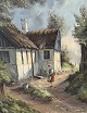 Kjeld Krautwald (1919-2000), Girls outside a farm, oil painting on canvas, Dimensions with frame ...