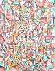 Charles Njan (b. 1950), abstract figurative composition, Tanzanian artist.Colourful ...