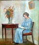 Friis Nybo, Poul (1869 - 1929) Denmark: A woman reading. Oil on canvas. Signed. 51 x 60 ...