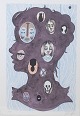 Julie Nord, colour lithograph, listed Danish artist.Surreal and narrative composition ...