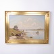 Decorative painting on canvas featuring a coastal scene with fishermen. The motif captures life ...