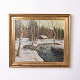Atmospheric painting on canvas depicting a winter snowy landscape. The artwork is signed and ...
