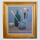Folmer Bendtsen; still life painting. Arrangement on a table with brushes and glasses. Oil on ...