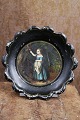 Decorative small 19th century painted metal tray with motif of a girl in the forest feeding a ...