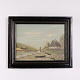 Painting on canvas with a black frame, depicting a river landscape with a country house. The ...