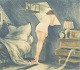 Louis Icart, "Attic Room", etching, listed French artist.Atmospheric interior scene ...