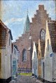Frandsen, Frands (1885 - 1979) Denmark: Town area with church. Oil on canvas/cardboard. Signed. ...