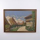 Signed oil painting depicting an Alpine landscape with mountains and mountain farms. The ...