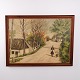 Oil painting on canvas depicting a village scene with a woman and child. The painting is signed ...