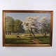 Oil painting on canvas depicting fallow deer in Dyrehaven beneath flowering trees. The painting ...