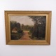 Oil painting depicting a forest landscape with a country road and thatched cottage. The painting ...