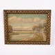 Painting on canvas depicting an open landscape with fields, a country road and farmhouse. The ...