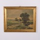 Painting on board depicting an open landscape with sheep. The artwork is presented in a ...