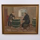Painting on canvas depicting a monastery with monks. The artwork is presented in a decorative ...