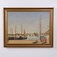 Oil painting on canvas depicting a harbour with boats. The painting is presented in a decorative ...